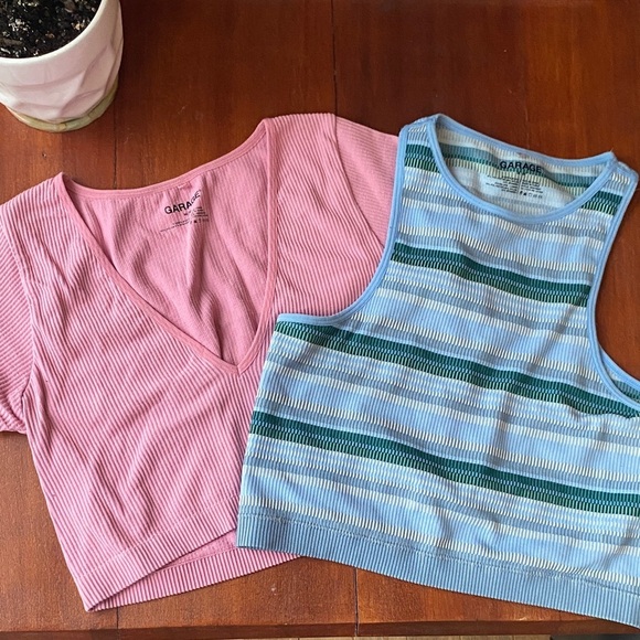 Garage Tops - Bundle of 2 Garage Crop Tops Women’s Size Medium Pink Blue Green Stripe Summer